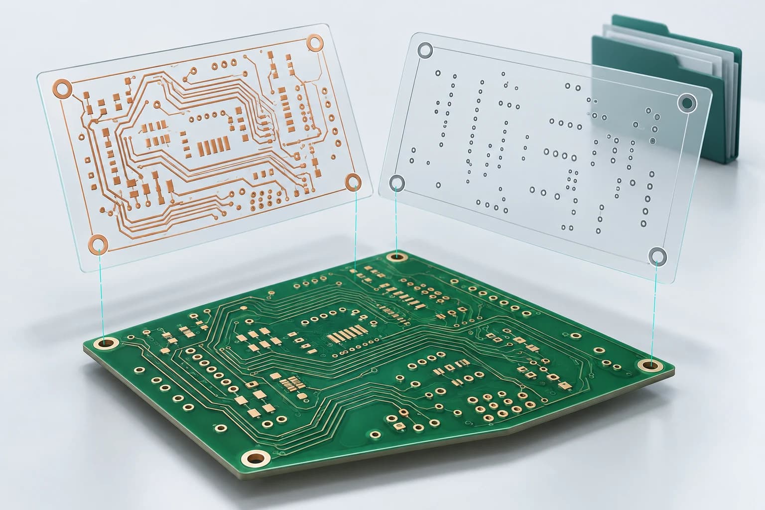 Bakır geometrisi ile delik verisinin aynı PCB üzerinde birlikte kontrol edilmesini anlatan kavramsal illüstrasyon.