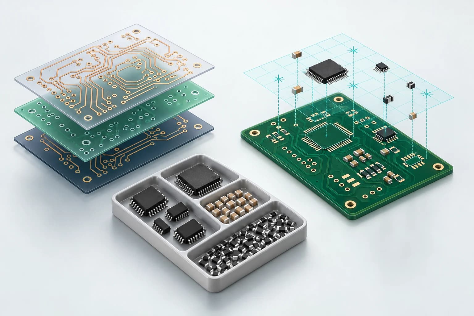 Gerber katman geometrisini, BOM bileşenlerini ve CPL yerleşim konumlarını birlikte gösteren temsili PCB illüstrasyonu.
