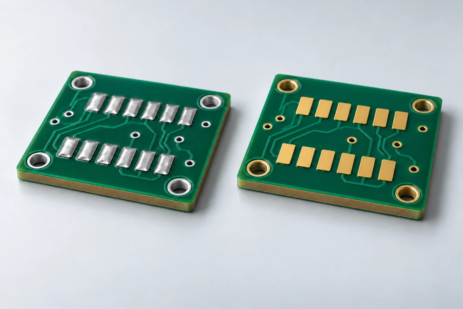Gümüş renkli HASL ve altın renkli ENIG pedlere sahip iki PCB'nin karşılaştırmalı teknik illüstrasyonu.