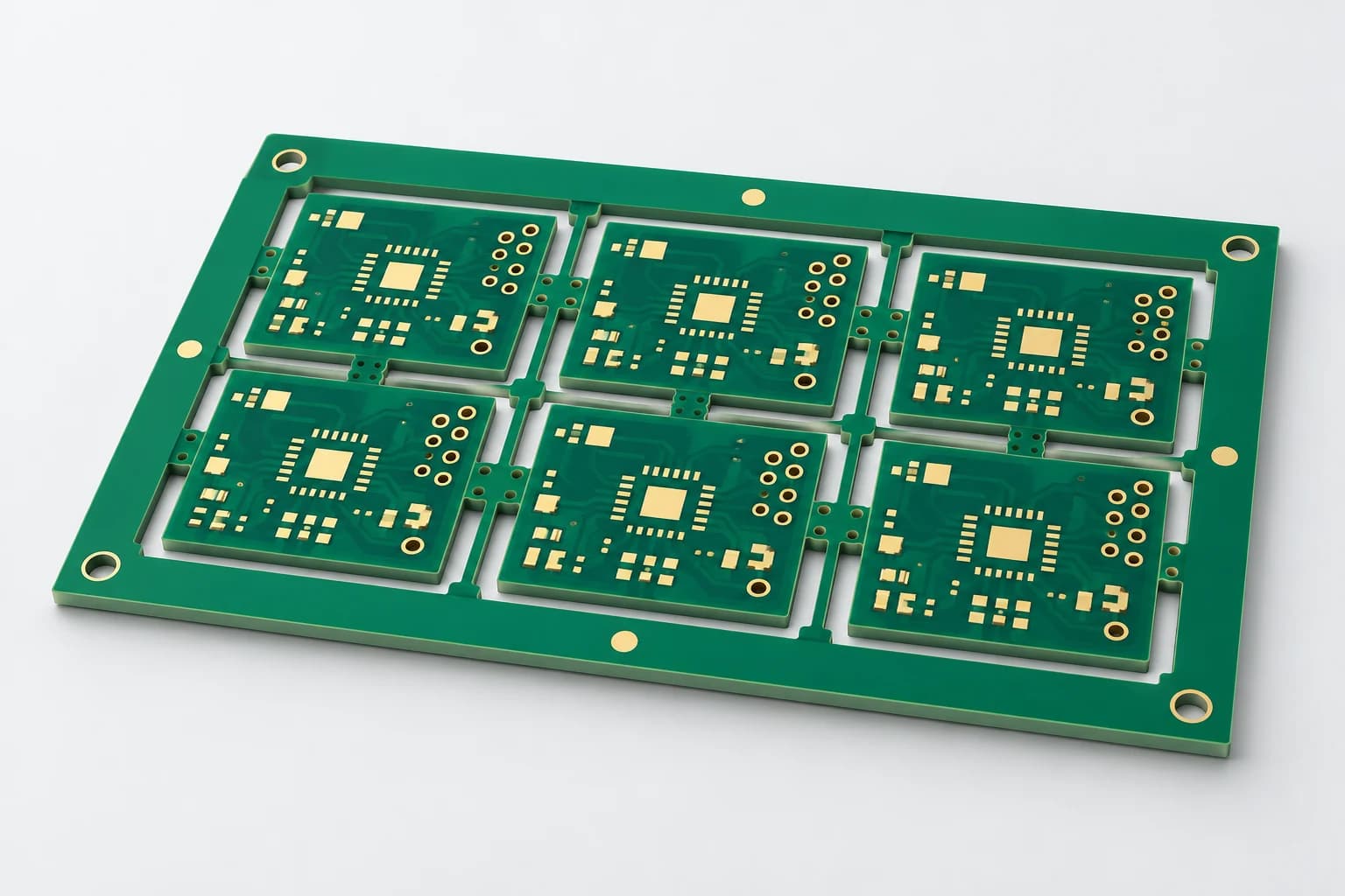 Taşıma kenarları, referans işaretleri ve ayırma kanalları görünen çoklu PCB paneli illüstrasyonu.
