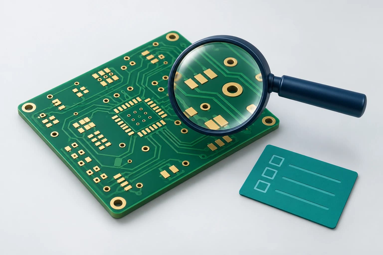 PCB üretim öncesi kontrolünü temsil eden büyüteç altında bakır pedler, iz aralıkları ve delikler.