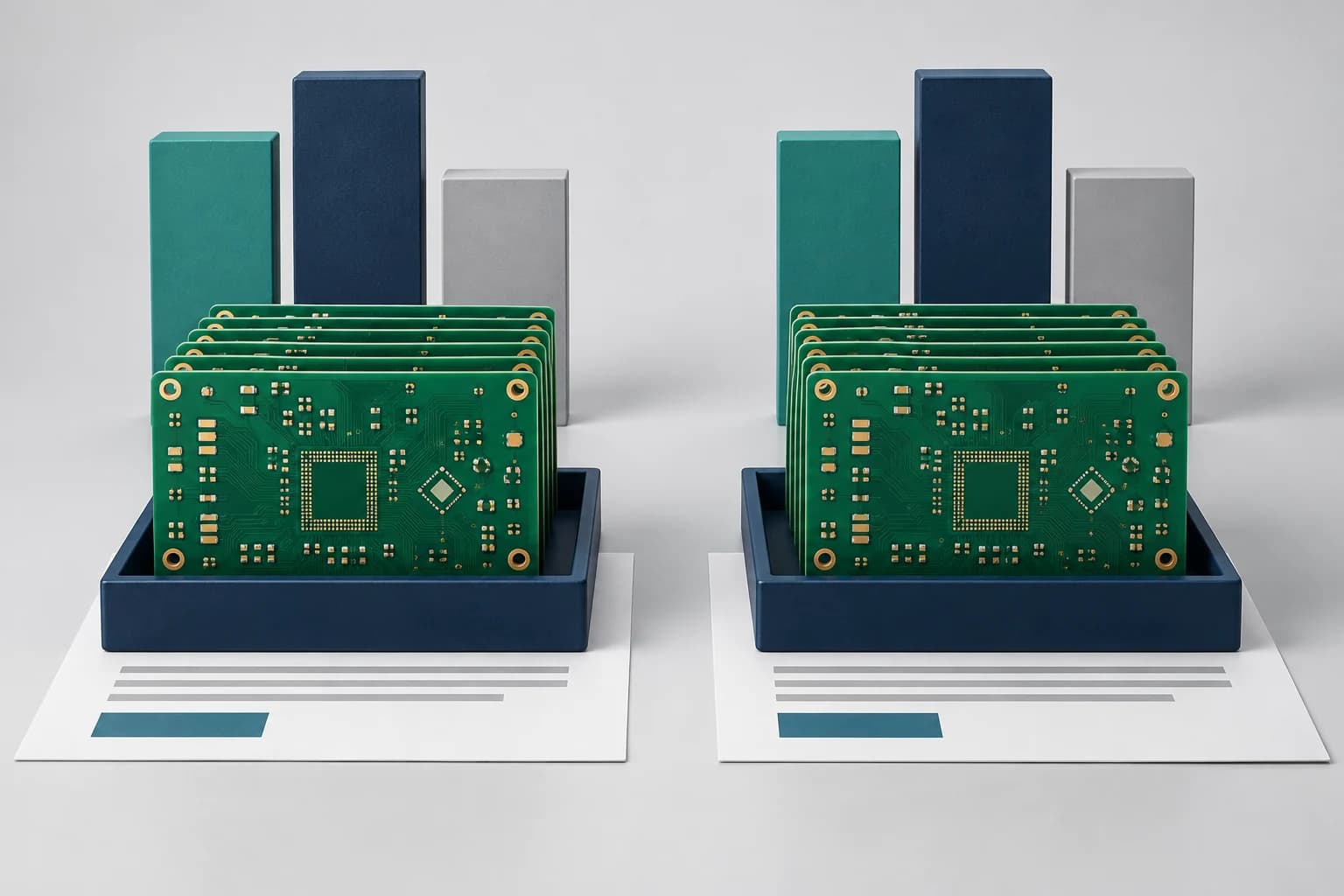 Aynı özellikte iki PCB grubunu ve toplam maliyet bileşenlerini yan yana karşılaştıran illüstrasyon.