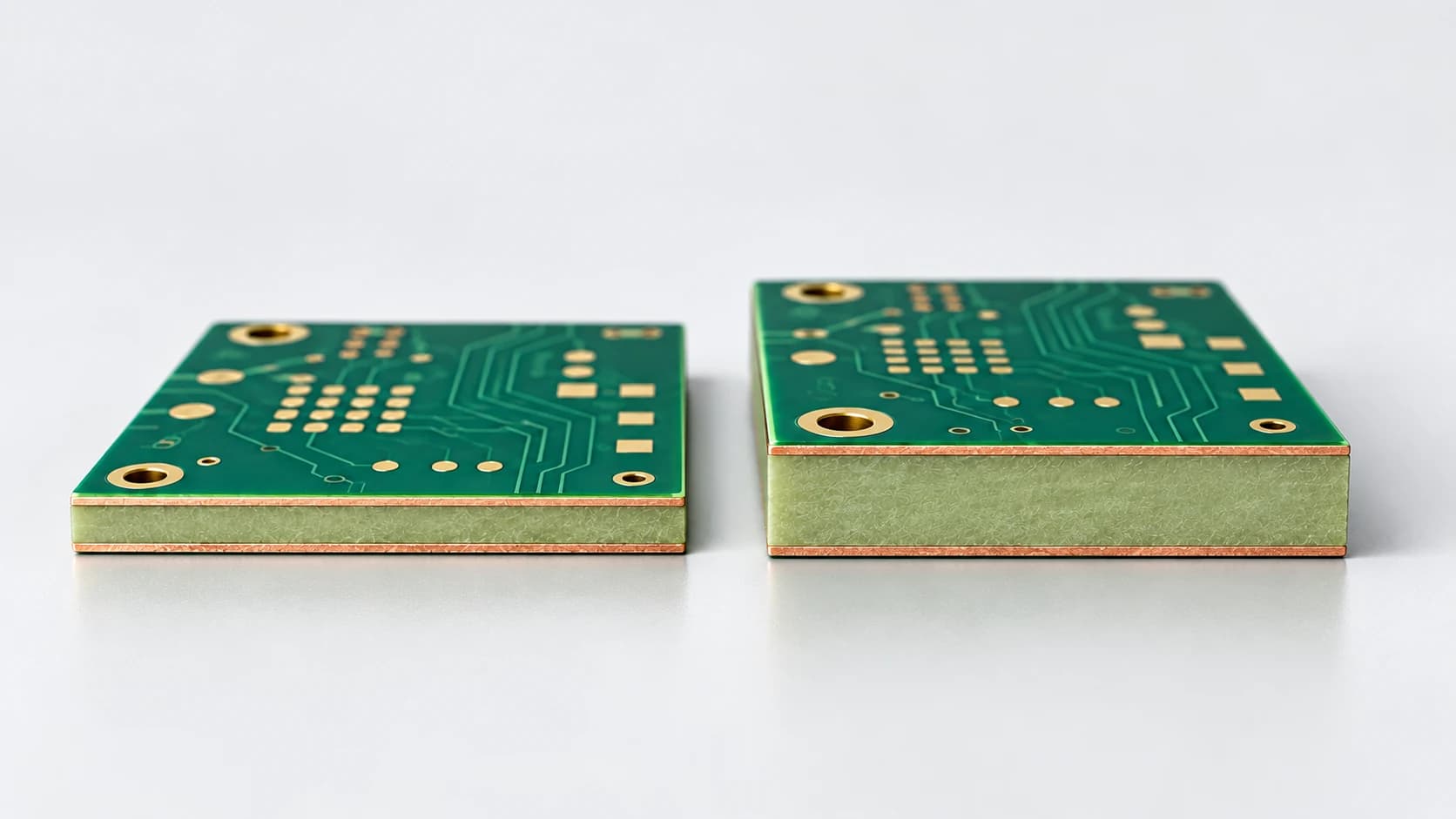 Farklı toplam kalınlıktaki iki PCB'nin ince bakır yüzey katmanlarıyla birlikte gösterilen kesit illüstrasyonu.