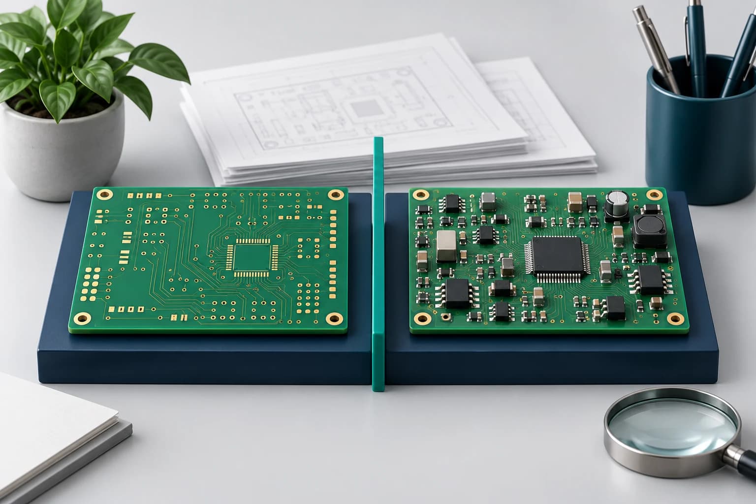 Çıplak PCB ile bileşenleri dizilmiş kartı belge incelemesi bağlamında karşılaştıran kavramsal illüstrasyon.