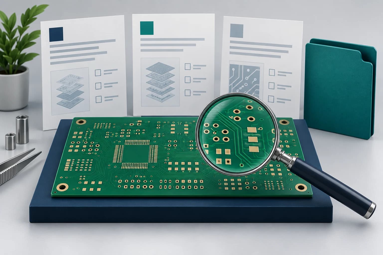 PCB tedarikçisi seçiminde kartın, teknik belgelerin ve üretim ayrıntılarının incelenmesini gösteren illüstrasyon.